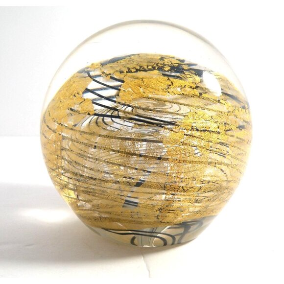 Handcrafted Glass Art Sphere With Gold Leaf & Swirling Black Pattern 4" Diameter - Picture 3 of 6